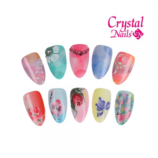 Tavaszi virágok, kombinált zselés festés Art Gel festőzselékkel és LaceGel motívumokkal, Polygon-ombre alapokra